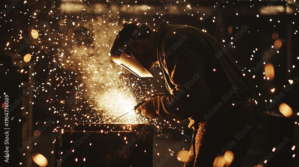 Welder Silhouetted by Bright Sparks in a Dark Industrial Setting Welder Silhouetted by Bright Sparks in a Dark Industrial Setting
