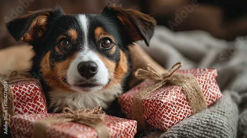 A cozy winter setting featuring a dog sitting on a sled with wrapped presents photo