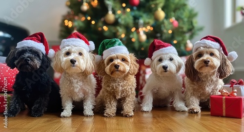 dogs wearing Christmas hats, sitting in front of the camera with presents and a Christmas tree behind them, all looking happy photo