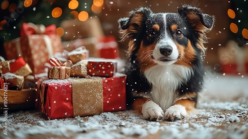 A holiday setup featuring a dog sitting next to a sled filled with wrapped presents photo