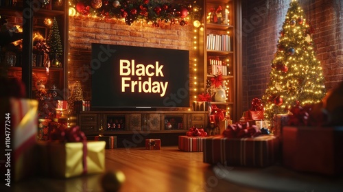 Cozy living room decorated for Black Friday with Christmas elements. Festive holiday sale concept. photo