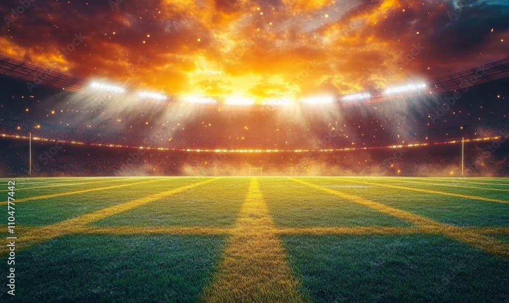 Illuminated Football Stadium at Sunset Empty Field with Dramatic Clouds and Light Rays Illuminated Football Stadium at Sunset Empty Field with Dramatic Clouds and Light Rays
