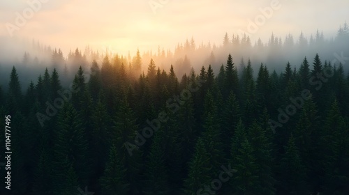 Sunrise Foggy Coniferous Forest