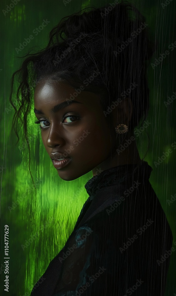 Conceptual portrait of a dark-skinned woman with brown hair: hyper-detail and beautiful contrast against a background of black and bright green Conceptual portrait of a dark-skinned woman with brown hair: hyper-detail and beautiful contrast against a background of black and bright green