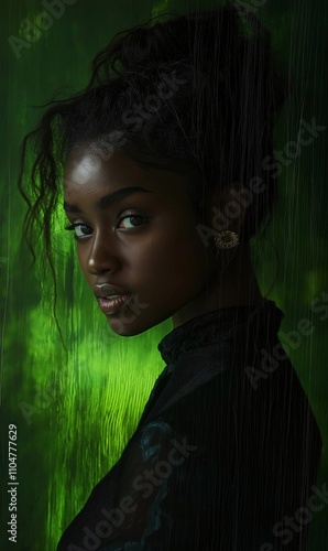 Conceptual portrait of a dark-skinned woman with brown hair: hyper-detail and beautiful contrast against a background of black and bright green photo