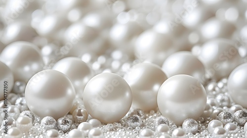 Close-up of lustrous white pearls of varying sizes, creating a luxurious and elegant texture.