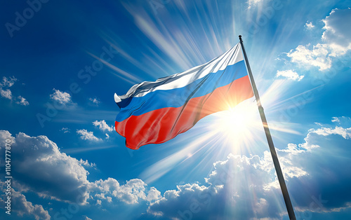 A Russian Federation flag flies high on a flagpole against a blue sky and bright sun. photo