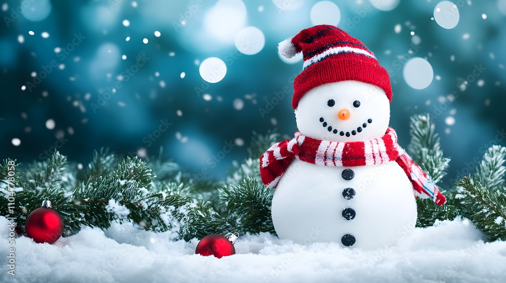 Winter holiday banner background. View of snowman in red hat and scarf on snowy landscape with bokeh lights, with copy space. Merry Christmas and Happy New Year greeting card. Winter holiday banner background. View of snowman in red hat and scarf on snowy landscape with bokeh lights, with copy space. Merry Christmas and Happy New Year greeting card.