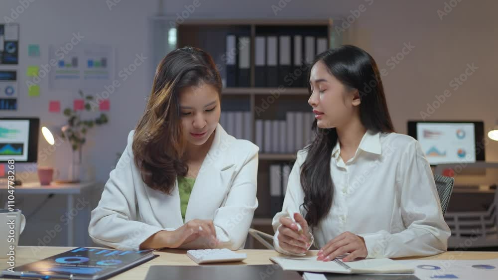 Two businesswomen engaging in discussion and collaboration at an office desk, focusing on strategy and teamwork Two businesswomen engaging in discussion and collaboration at an office desk, focusing on strategy and teamwork