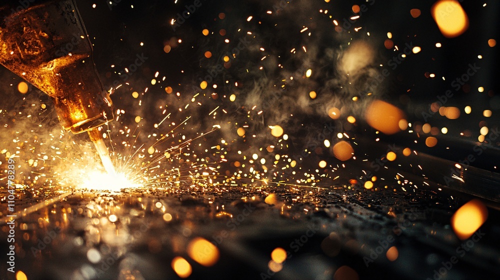 Naklejka premium Sparks Exploding from Welder’s Torch in Dark, Gritty Workshop