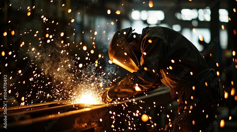 Welder Absorbed in Work, Creating Sparks in Dark Industrial Setting Welder Absorbed in Work, Creating Sparks in Dark Industrial Setting