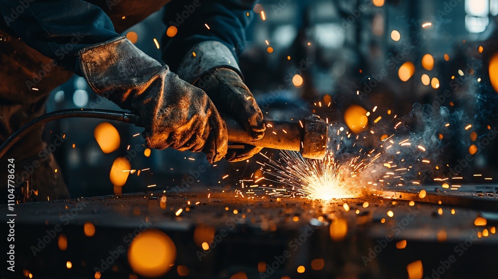 Close-Up of Welder’s Hands, Torch Creating Fiery Sparks Close-Up of Welder’s Hands, Torch Creating Fiery Sparks