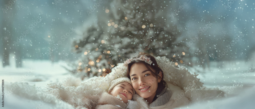 Obraz premium Joyful moments in a winter wonderland with a mother and child embracing warmth by a snow-covered Christmas tree