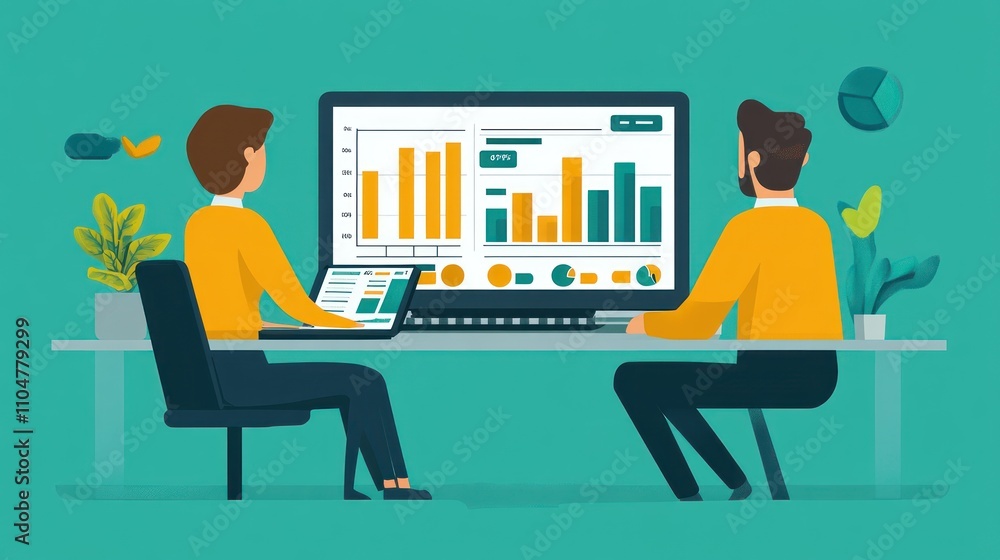 Two businessmen in yellow shirts are sitting at a desk looking at data on a computer screen.