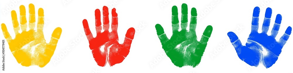 Colorful Handprints on White Background, Artistic Children's Prints, Creative Fun Design Colorful Handprints on White Background, Artistic Children's Prints, Creative Fun Design