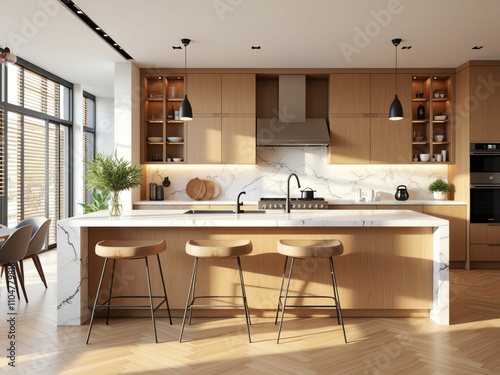 Stylish Kitchen Design Featuring Marble Countertops, Warm Wood Cabinets, and Modern Lighting for Elegance