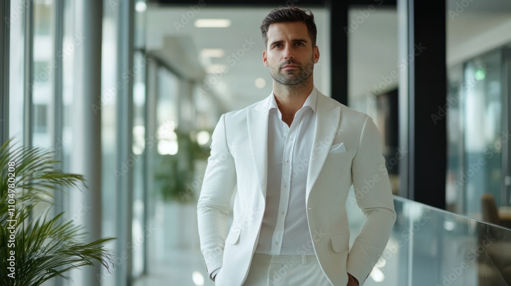 A professional man in a crisp white suit, standing confidently in a modern office setting. Full HD studio-quality image showcasing elegance A professional man in a crisp white suit, standing confidently in a modern office setting. Full HD studio-quality image showcasing elegance