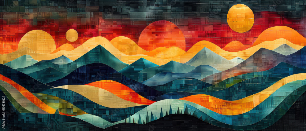 Vibrant abstract landscape showcasing colorful mountains and sun against a dramatic sky at sunset Vibrant abstract landscape showcasing colorful mountains and sun against a dramatic sky at sunset