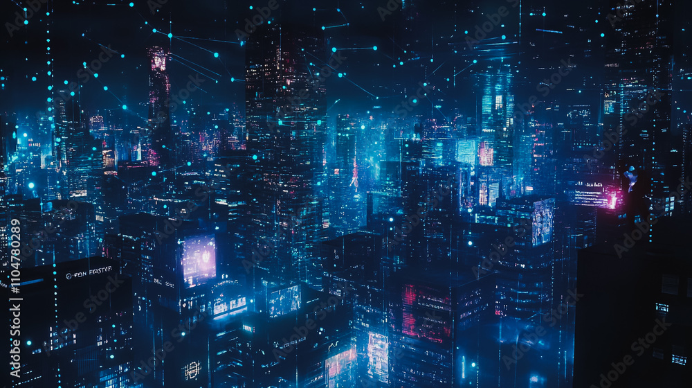 Obraz premium Smart digital city with connection cyber security network reciprocity over the twilight cityscape.future wireless digital city and social media networking systems that connects people within the city
