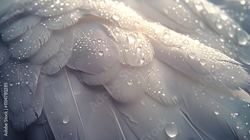 Close-up of white bird feathers with water droplets, illuminated by sunlight.
