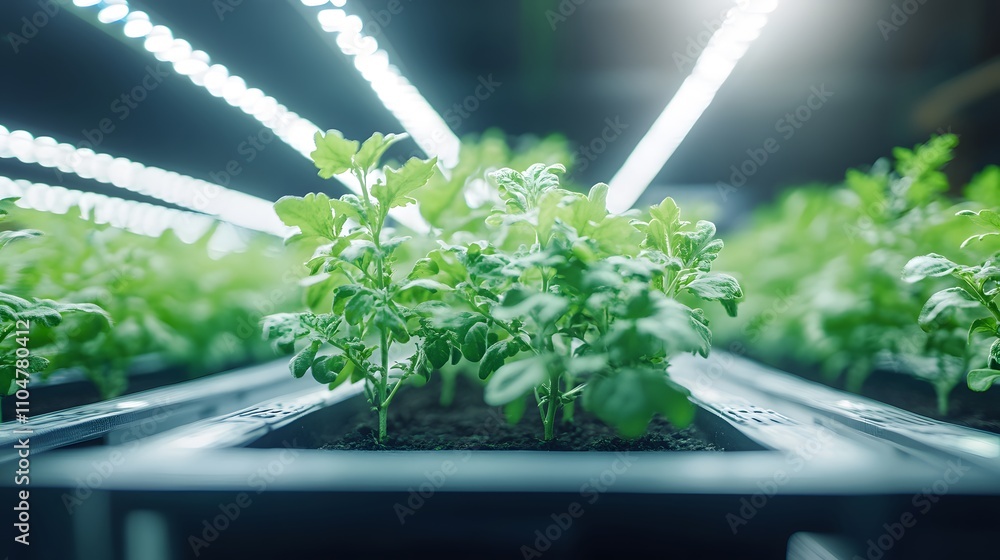 Close-up of young plants growing in a vertical farm under grow lights. Close-up of young plants growing in a vertical farm under grow lights.