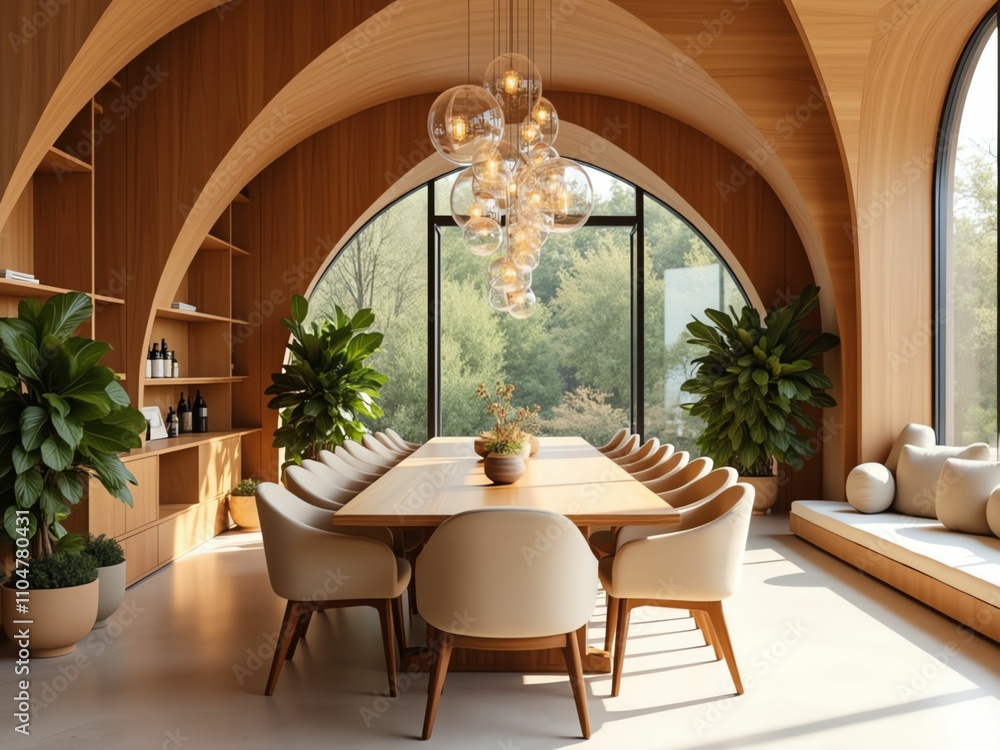 Stunning Dining Room Design Embracing Natural Wood, Curved Architecture, and Elegant Lighting for Modern Gatherings Stunning Dining Room Design Embracing Natural Wood, Curved Architecture, and Elegant Lighting for Modern Gatherings