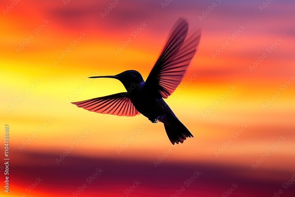A silhouette of a hummingbird in flight against a vibrant sunset sky. A silhouette of a hummingbird in flight against a vibrant sunset sky.