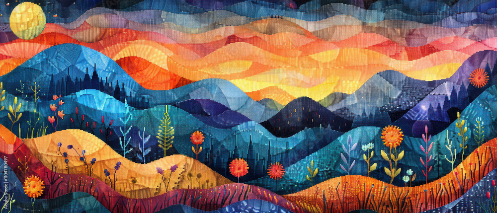 Colorful abstract landscape showcasing a vibrant sunset over rolling hills and flowers Colorful abstract landscape showcasing a vibrant sunset over rolling hills and flowers