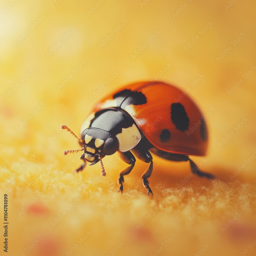 Naklejka premium A close-up of a ladybug with red shell and black spots on a yellow surface.
