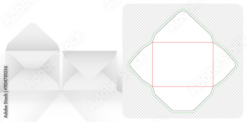 White paper envelope die cutting with shadow on transparent isolated white backgrounds Template for your message, packaging branding, products compartments unique designs, minimalist conceptual holder