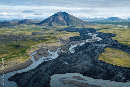 Volcanic River Landscape: Aerial View of a Winding River Carving Through Dark Lava Fields, Majestic Mountain in the Background, Breathtaking Scenery