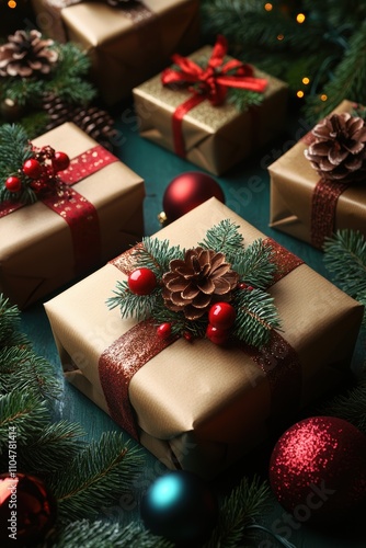 Top View of Beautifully Wrapped Christmas Presents with Pine Cones, Red Bows, and Ornaments on a Festive Green Background