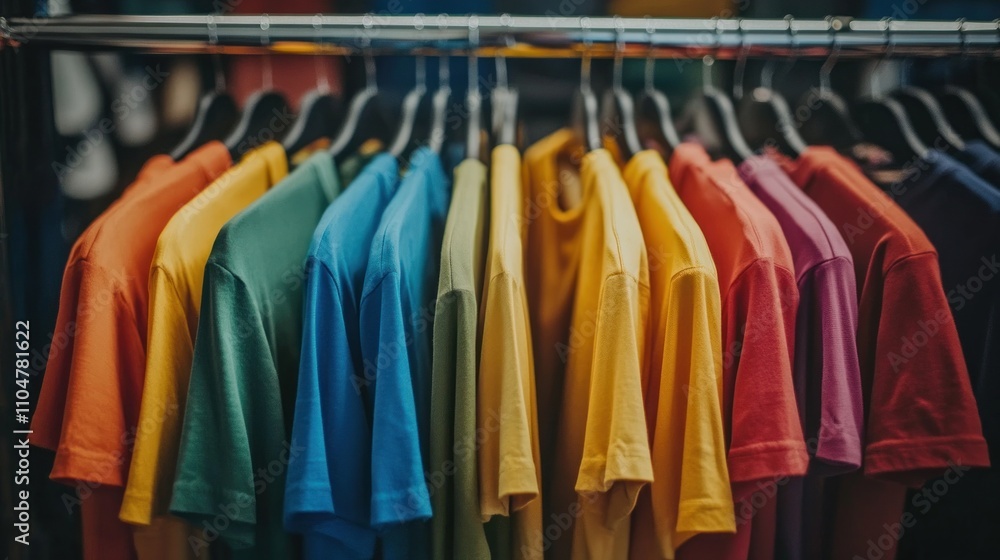 Fototapeta premium Colorful T-shirts on Metal Racks - Sustainable Fashion Exhibition