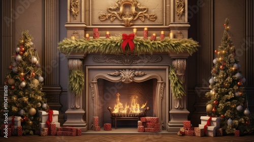 Wallpaper Mural Cozy Fireplace Room Decorated for Christmas with a Wreath, Stockings, and Presents on the Mantel Torontodigital.ca