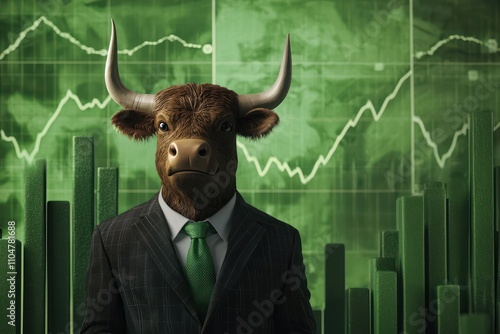 A confident bull in a suit with a background of ascending green charts.