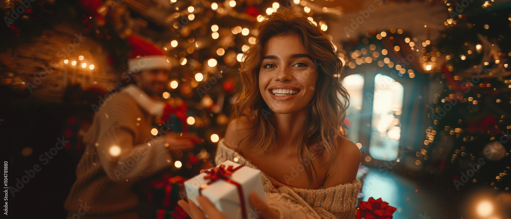 Smiling woman holding a gift surrounded by Christmas decorations and a festive atmosphere Smiling woman holding a gift surrounded by Christmas decorations and a festive atmosphere