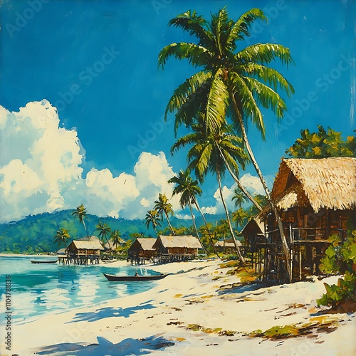 Tropical Island Paradise - Palm Trees, Beach Huts, and a Calm Sea.