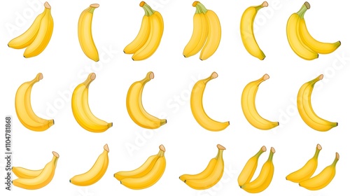 Collection of ripe yellow bananas isolated on white background.