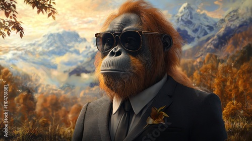 Surreal and charming full-body portrait of an orangutan in suit and sunglasses, set in a dream landscape. photo