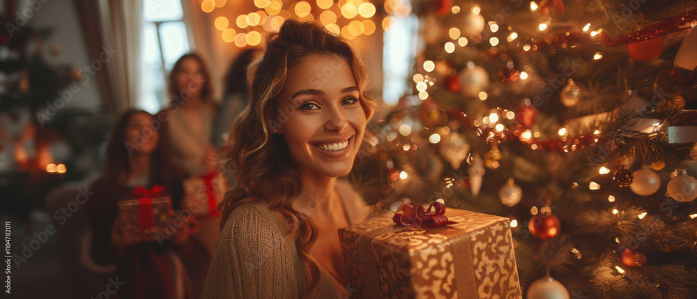 Smiling woman holding a gift in a festive room decorated for Christmas with friends in the background enjoying the holiday atmosphere Smiling woman holding a gift in a festive room decorated for Christmas with friends in the background enjoying the holiday atmosphere