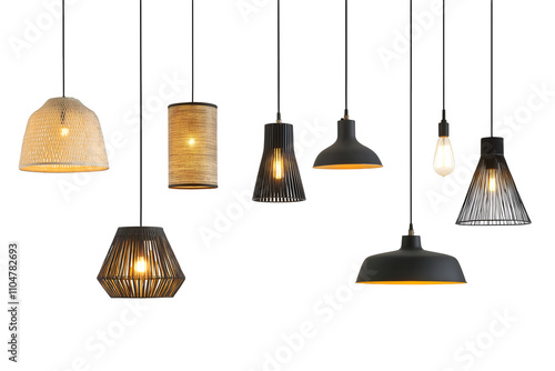 Set of different modern hanging lamps on white background. 