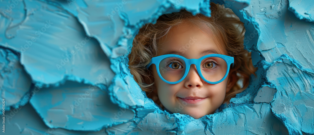 Young child with curly hair and glasses peeking through a blue textured wall during a playful moment indoors Young child with curly hair and glasses peeking through a blue textured wall during a playful moment indoors