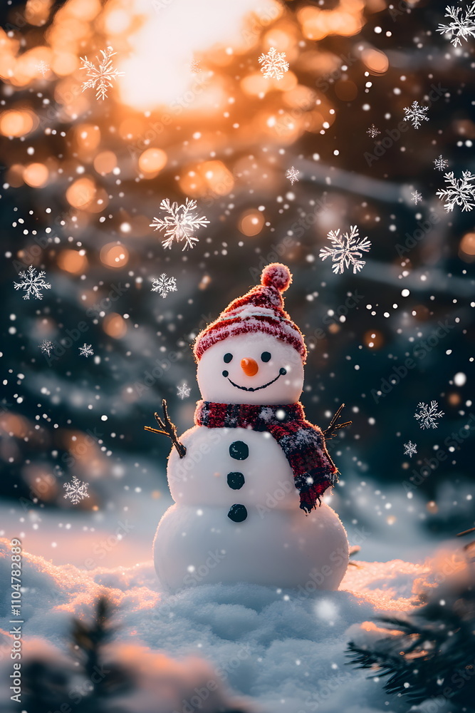 Winter holiday background. View of snowman in woolen hat on snowy landscape with snowfall, with copy space. Merry Christmas and Happy New Year greeting card. Winter holiday background. View of snowman in woolen hat on snowy landscape with snowfall, with copy space. Merry Christmas and Happy New Year greeting card.
