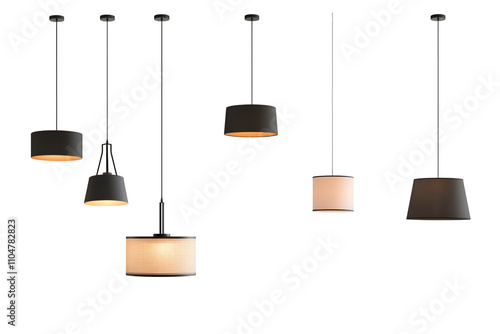 Set of different modern hanging lamps on white background. 