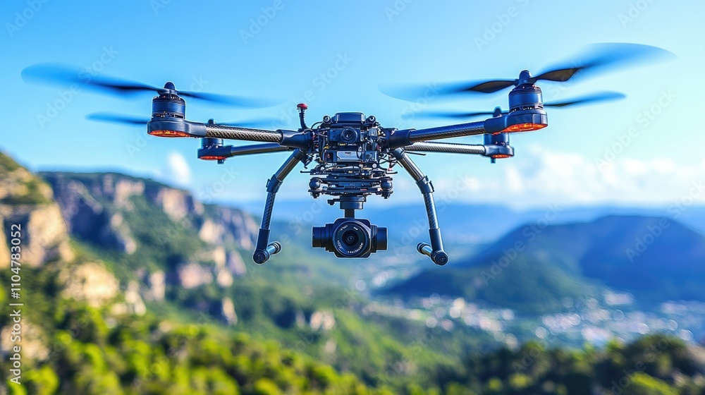 A drone equipped with a camera flying over a mountainous landscape. A drone equipped with a camera flying over a mountainous landscape.