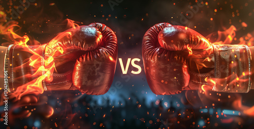 Confrontation theme with boxing fighting gloves on fire