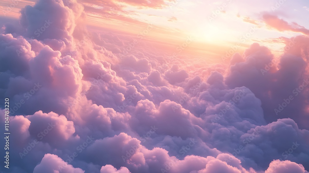 A vast sky filled with soft cotton candy clouds during sunrise, casting a warm glow over the horizon A vast sky filled with soft cotton candy clouds during sunrise, casting a warm glow over the horizon