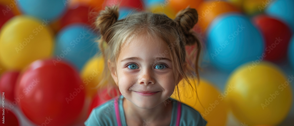 Happy child with blue eyes and playful hairstyle enjoying colorful balloons in a vibrant indoor setting during a festive occasion Happy child with blue eyes and playful hairstyle enjoying colorful balloons in a vibrant indoor setting during a festive occasion