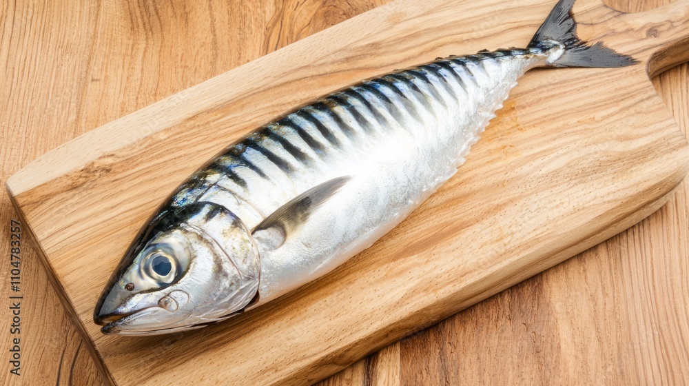 Majestic Mackerel: Exquisite Texture and Hues of Fresh Fish on Wooden Plank Majestic Mackerel: Exquisite Texture and Hues of Fresh Fish on Wooden Plank