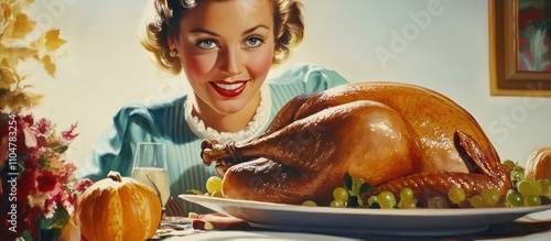 A Retro Thanksgiving Feast: A woman's smile graces a perfectly roasted turkey.